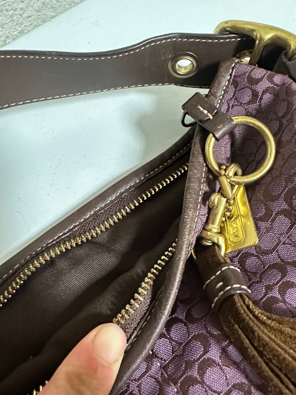 Coach Purple Signature Jacquard & Brown Suede Hobo with Tassel - Picture 4 of 13